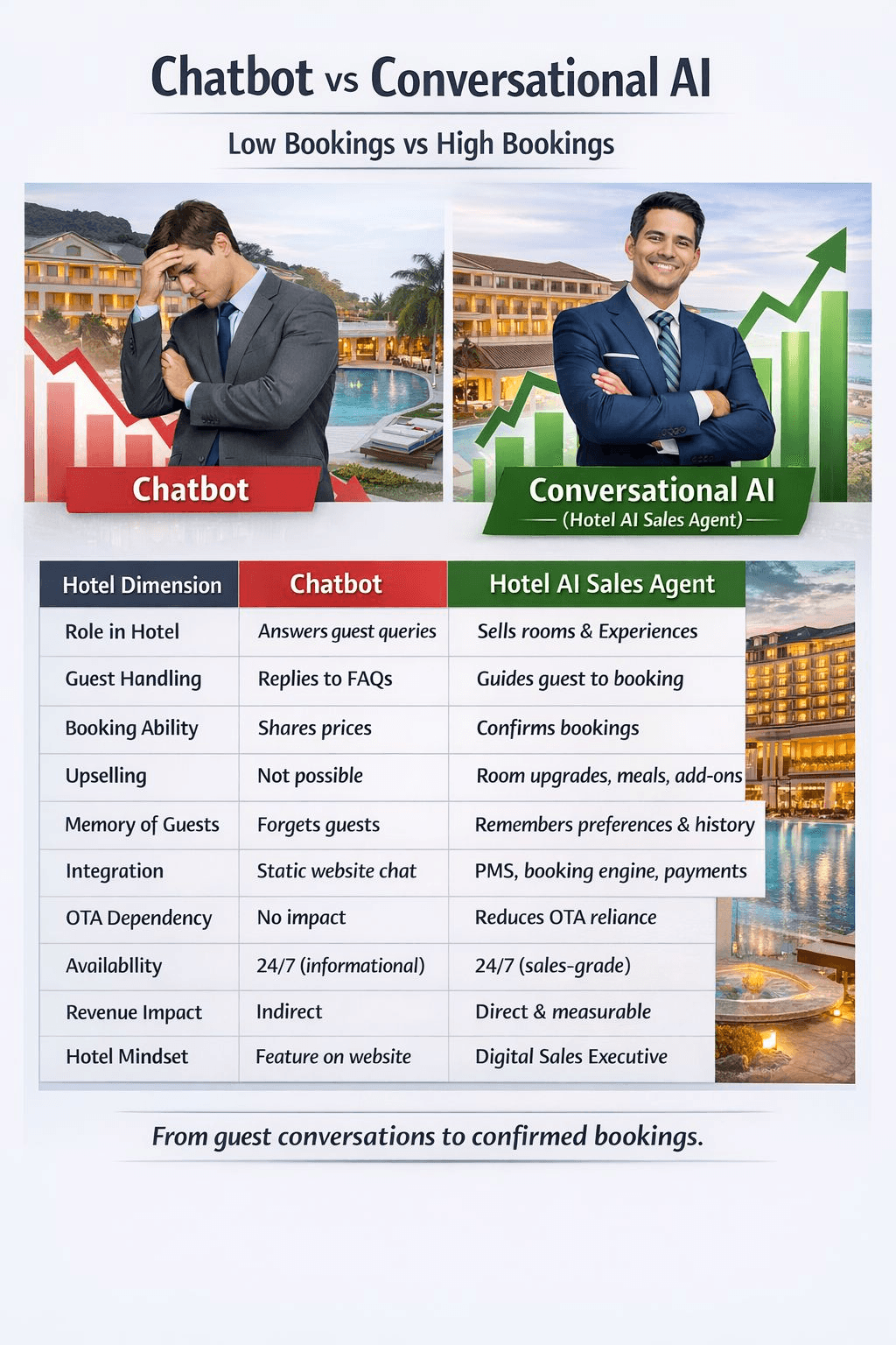 Chatbot vs Conversational AI (Hotel AI Sales Agent) comparison — Low Bookings vs High Bookings